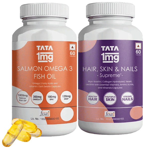 Combo Pack of Tata 1mg Salmon Omega 3 Fish Oil Capsule (60) & Tata 1mg Hair, Skin & Nails Supreme Biotin Capsule (60)