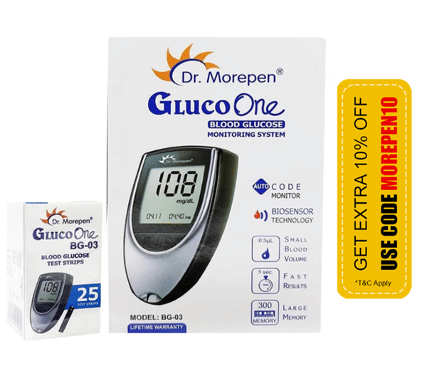 Dr Morepen BG 03 Gluco One Glucose Monitoring System Glucometer with Gluco One BG 03 Blood Glucose 25 Test Strip | Diabetes Monitoring Devices | Blood Glucose Monitors